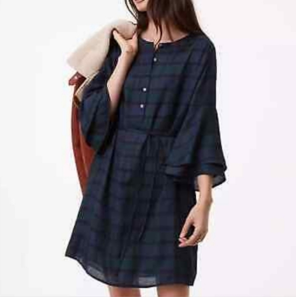 LOFT Green Blue Black Plaid Shirt Dress Ruffle Sleeves Women's Large L No Belt